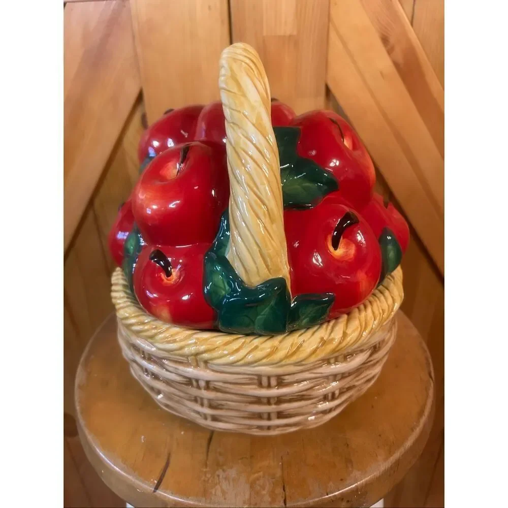 Vtg Ceramic Basket Of Red Apples Cookie Jar Handle Orchard Canister Farm House (